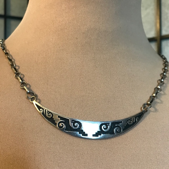 HOPI NATIVE AMERICAN STERLING SILVER CRESCENT MOON COLLAR NECKLACE AND EARRINGS - Picture 1 of 8